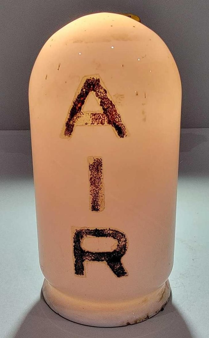 Cylinder-Shaped AIR OPE Milk Glass Globe Body w/4" Base (TAC): rated 9, 8.5"T, the OPE milk glass globe body, paint has light wear, the four inch base has some small chips, no cracks. TAC #025657