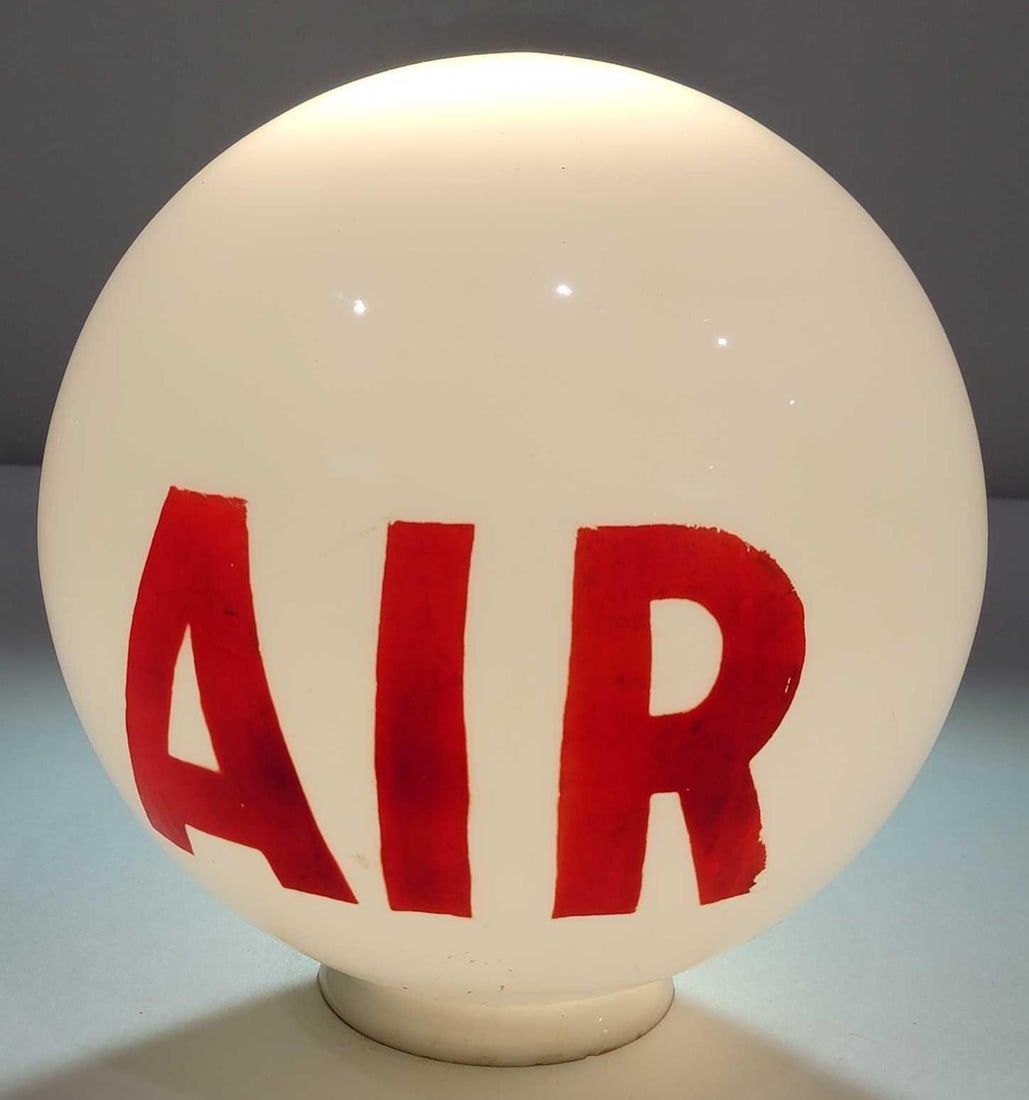 AIR OPB Milk Glass Sphere Globe w/4" Base (TAC): rated 9, 10"T., the OPB milk glass sphere globe is in good condition, paint has minor wear, has a four inch base with a few small chips. TAC #025662