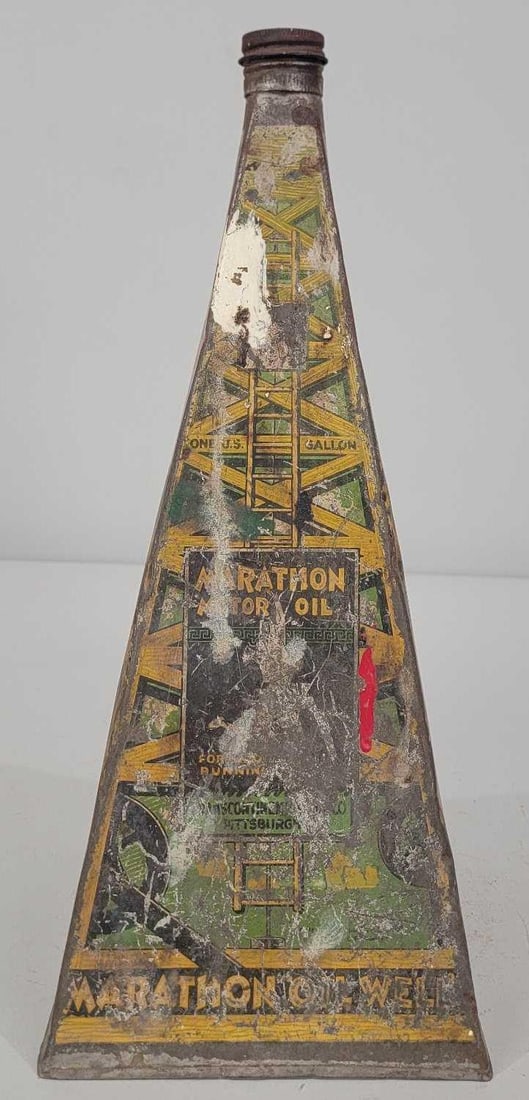 Marathon Motor Oil "Oil Derreck" One Gallon Metal Can: rated 5.5, the one gallon metal can has heavy wear and scratchs, is empty, has lid.