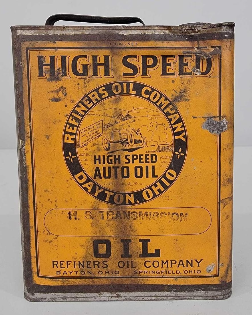 High Speed Motor Oil One-Gallon Flat Metal Can: rated 6.75, the one-gallon flat metal can, has staining, wear and dings, has product inside that is hard.