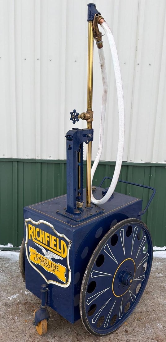 Large Wheel Gas Cart Restored in Richfield Colors: 85"T.,. in good condition, has light wear. This Item must be picked up in Wisconsin
