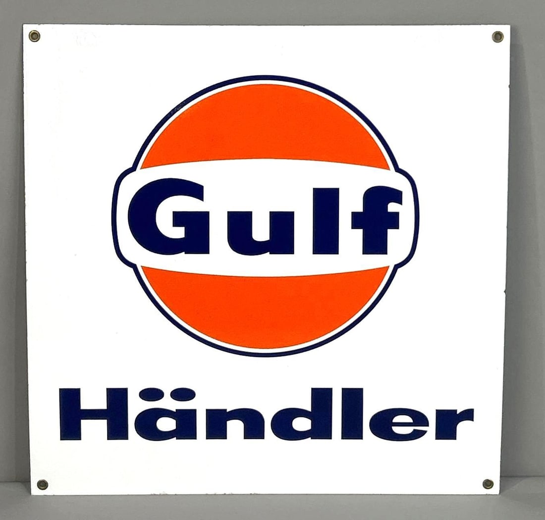Gulf w/Wings Logo Handler Porcelain Sign: rated 9.75, 19.5"x19.5", the SSP sign has excellent color and gloss, nice, has a paper Boos & Hahn paper label on back. 