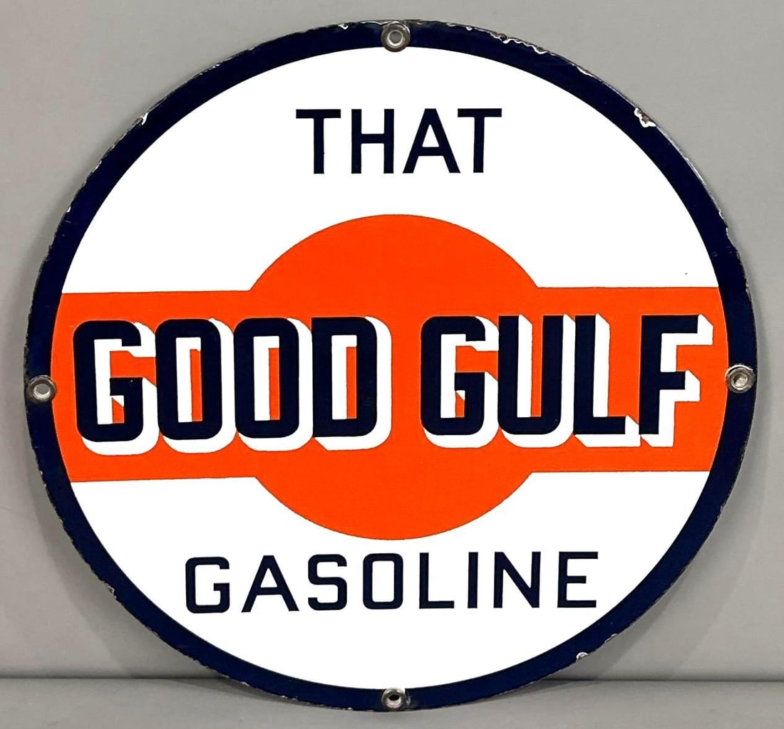 That Good Gulf Gasoline Porcelain Pump Plate: (Rated 9). 10.5" dia. This SSP sign has good color and gloss with minor oxidation on the lettering. Sign shows porcelain loss on the outer edge. Rarity 1. TAC # 062200