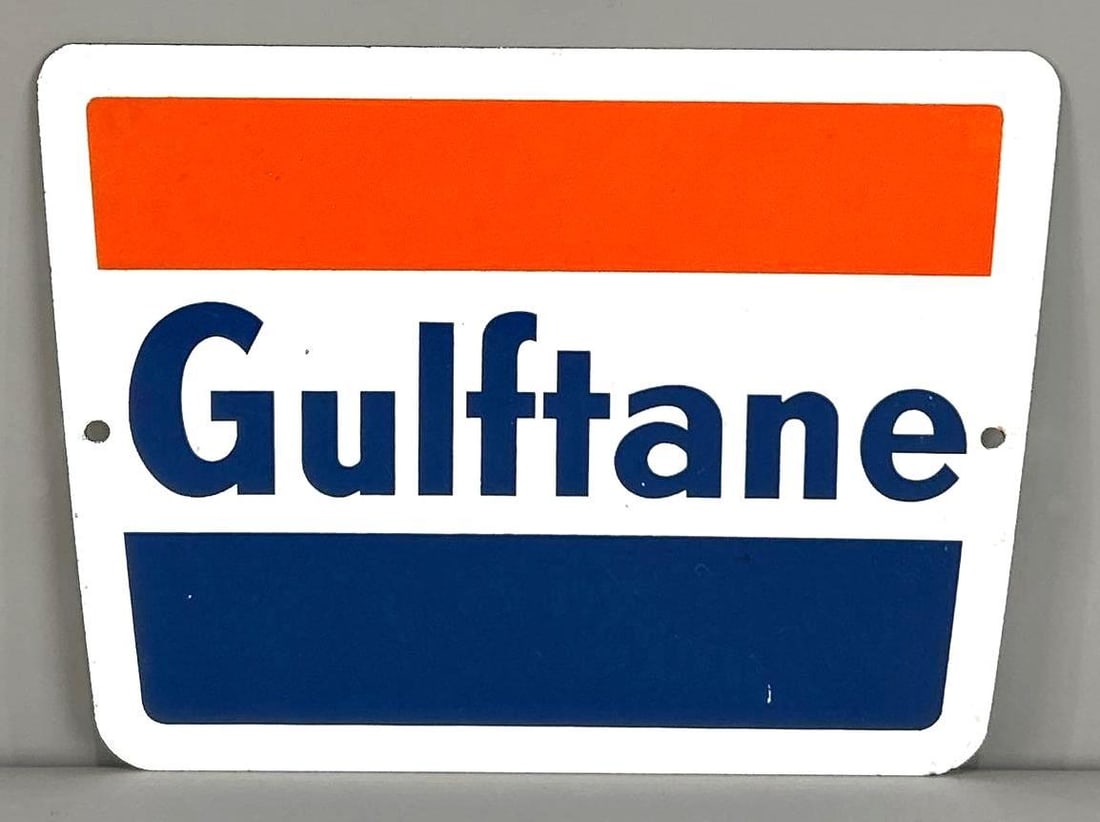 Gulftane Porcelain Pump Plate Sign: (Rated 9.25). 8.75" x 11". This SSP sign has good color and gloss with notable surface scratching throughout. Rarity 1. TAC #062203.