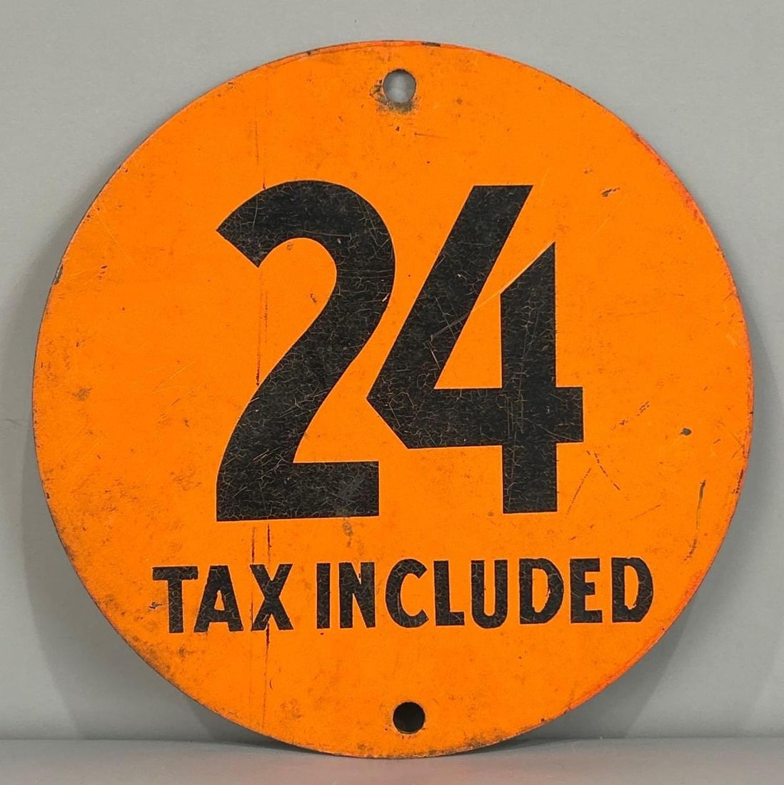 Gulf Painted "24 Tax Included" Metal Pricer Sign: Rated 8.5, 8.25. 6" dia. This SST sign has excellent crackled paint with surface staining and edge wear present on display, and slightly more damage on reverse side. Rarity 3. TAC # 033858.