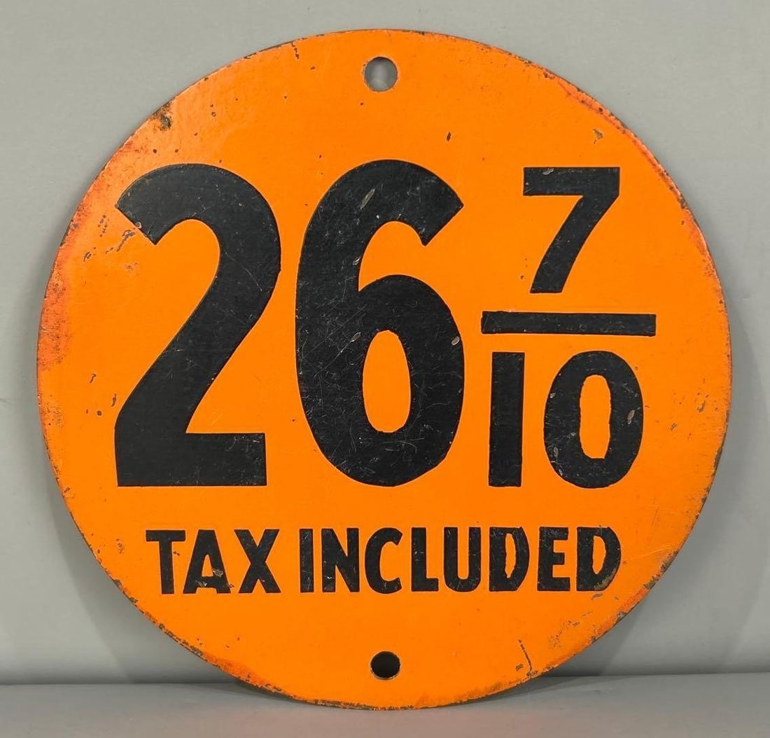 Gulf "26 7/10 Tax Included" Painted Metal Pricer Sign (1 of 3)