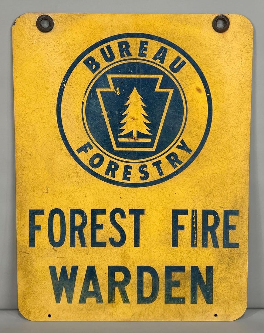 Fire Warden Double-Sided SIgn W/ Bureau of Forestry Logo: (Rated 8.0, 8.0). 18" x 24". This Double-sided fiberglass sign has crackled paint and staining throughout both sides. Rarity 5. TAC # 062301.
