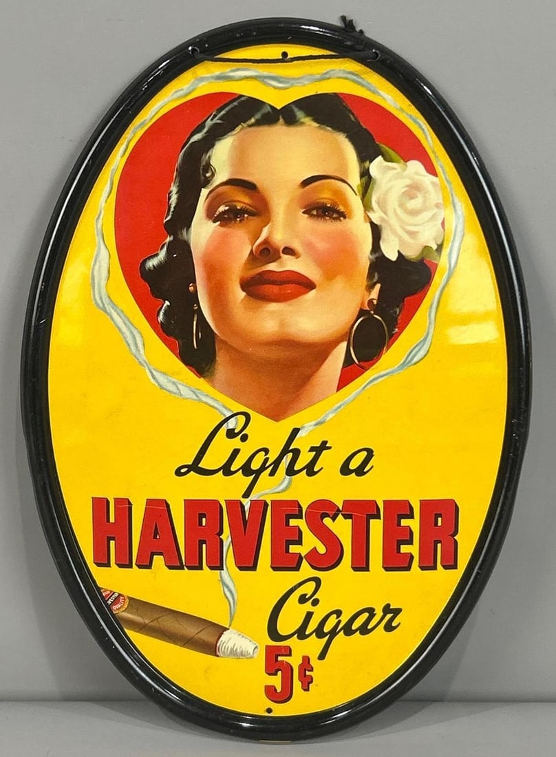 Harvester 5¢ Cigar Self-Framed Convex Sign W/ Cigar Graphic (1 of 3)
