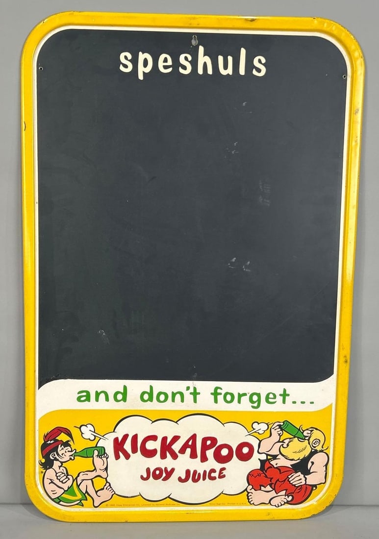 Kickapoo Joy Juice Embossed Tin Menu Board: (Rated 9.0). 19.5" x 30". This SST menu board has good color and shine throughout with minor staining and paint loss on the self-framed edge. Rarity 2. TAC # 062265