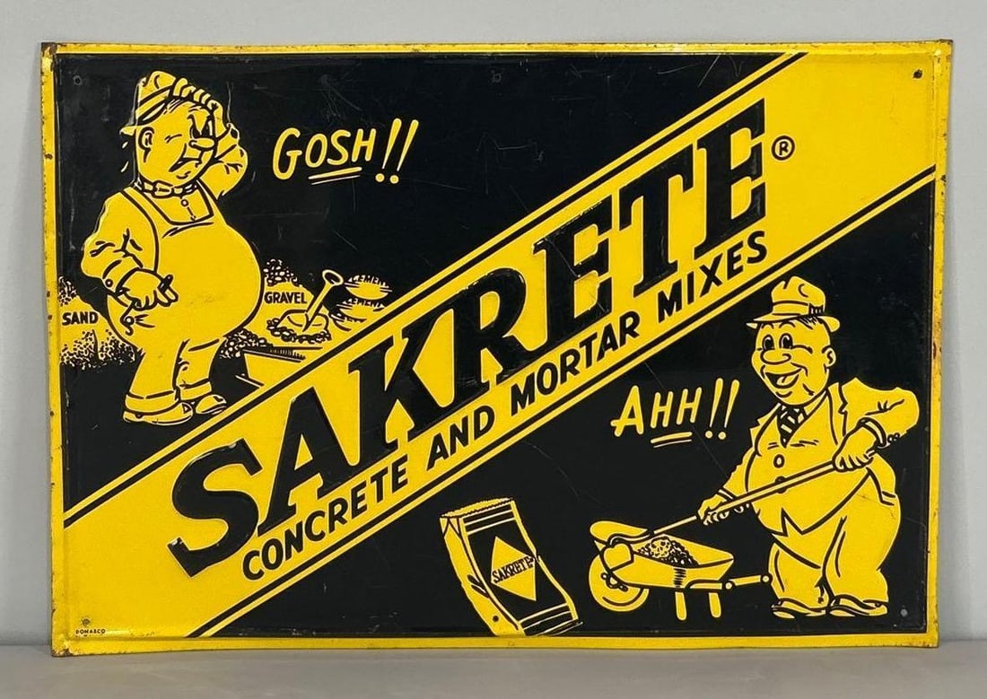 Sakrete Self-Framed Embossed Tin Sign: Rated 8.25. 13.5" x 19.5". This SST sign has good color and gloss with notable areas surface scratching and scratches with paint loss in the field. The outer edge shows multiple sections of
