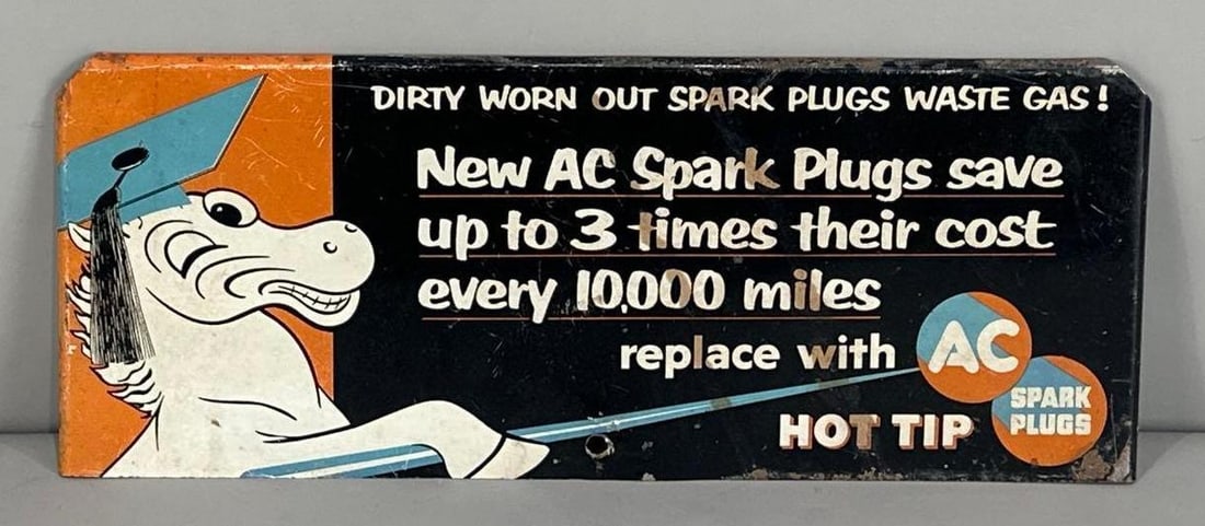AC Spark Plug Single-Sided Tin Rack Topper Sign W/ Scholarly Sparky Graphic (1 of 3)