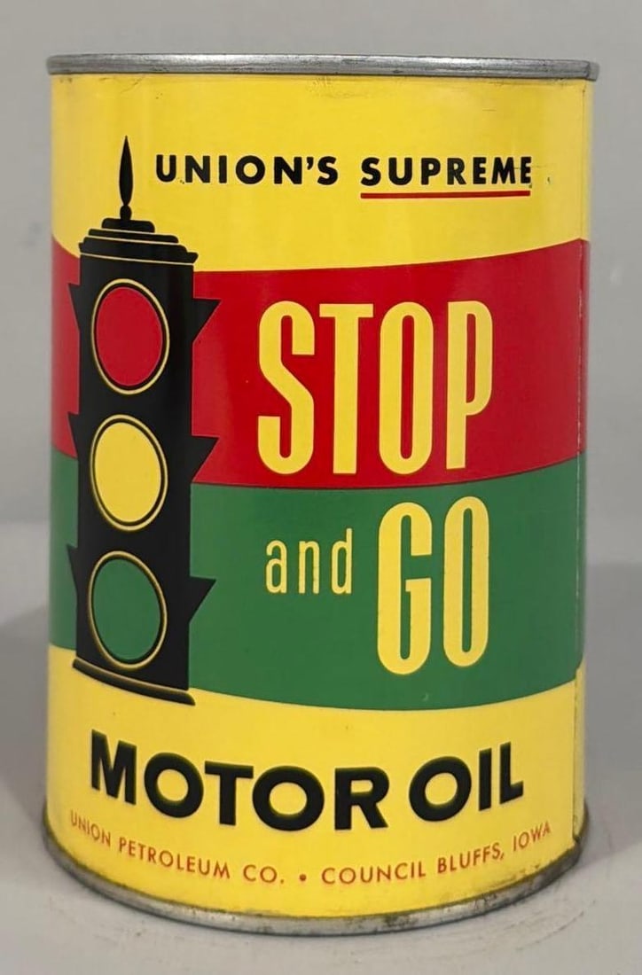 Union Stop & Go Motor Oil Quart Round Metal Can (TAC): rated 9.25, the one quart round metal can, crimped seam, is full, has excellent color and shine. TAC #063014