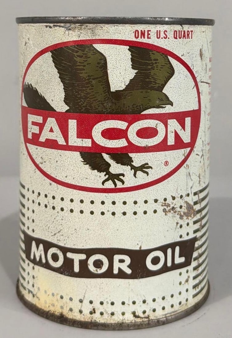 Falcon Motor Oil Quart Round Metal Can (TAC): rated 7, the one quart round metal can, crimped seam, is empty, has wear and scratches. TAC #063020