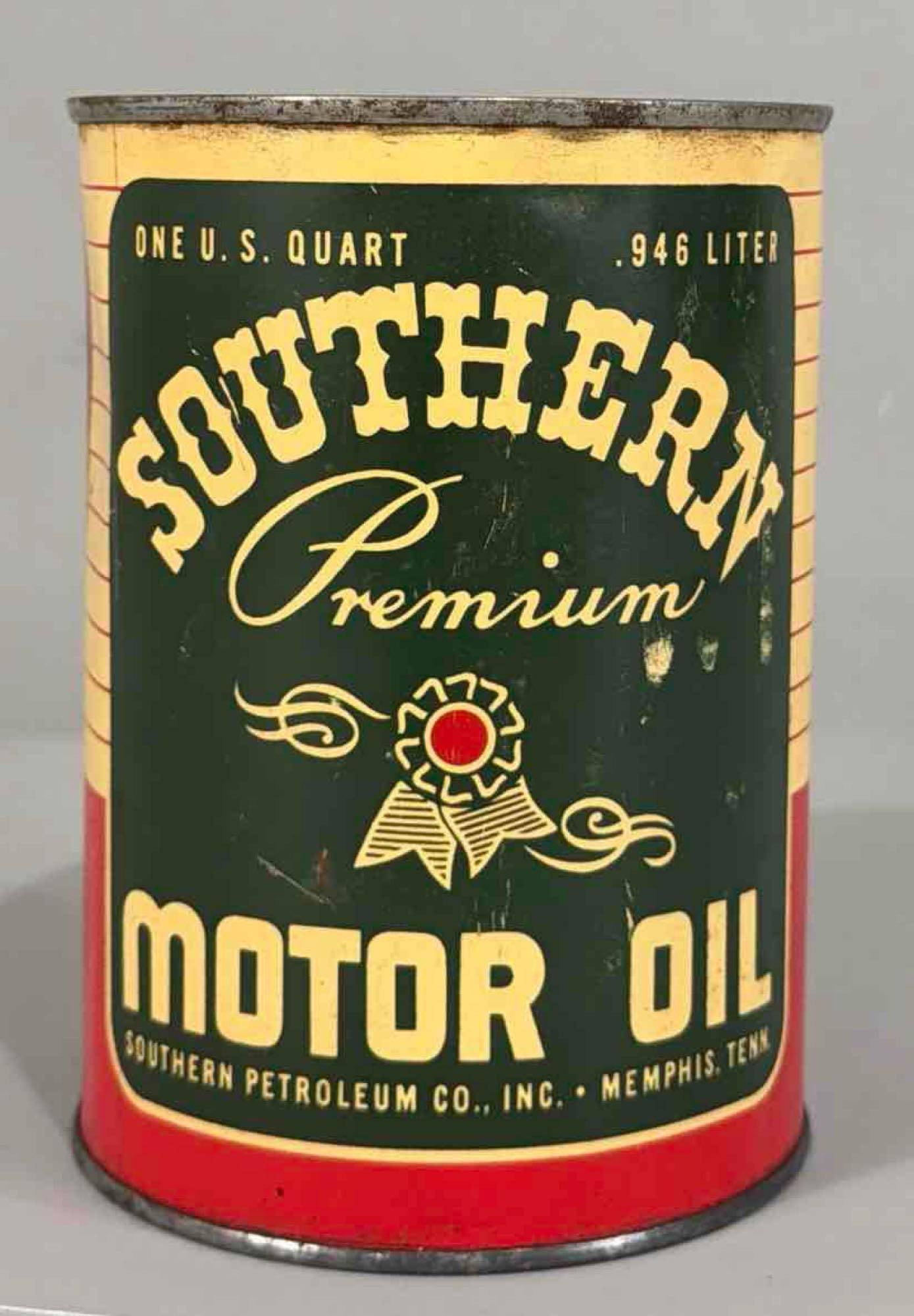 Southern Motor Oil Quart Metal Can: rated 7.5, the one quart round metal can, soldered seam, is empty, has new bottom, has wear and dings.