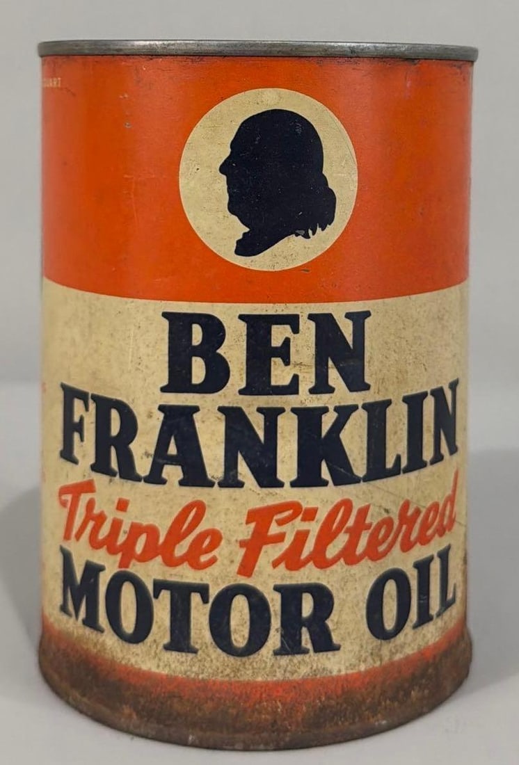 Ben Franklin Motor Oil Quart Metal Can: rated 6.5, the one quart round metal can, soldered seam, is empty, has rust and soiling.