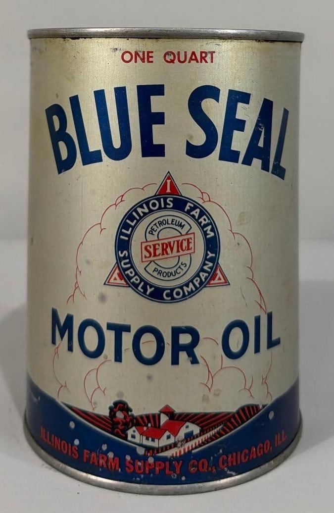 Blue Seal Motor Oil Quart Metal Can: rated 8.75, the one quart round metal can, soldered seam, is empty, has light wear.