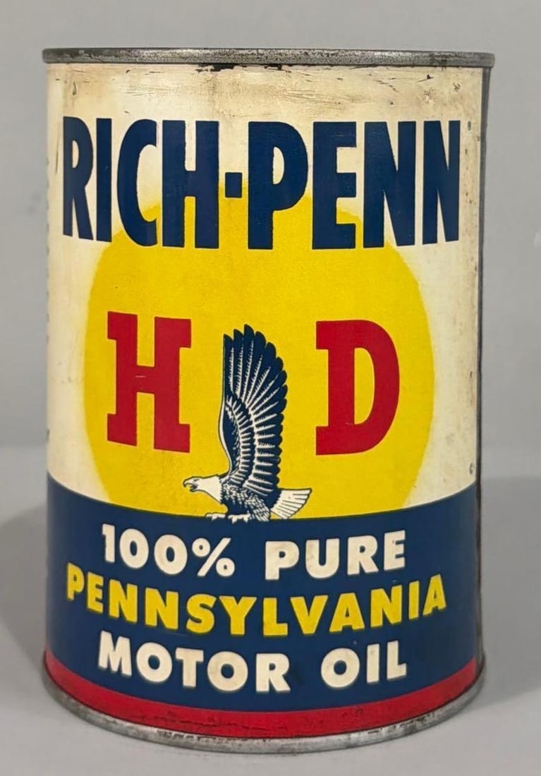 Richfield Rich-Penn Motor Oil Quart Metal Can: rated 8.25, the one quart round metal can, crimped seam, is empty, has light soling.