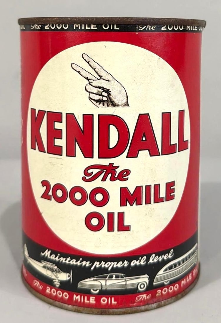 Kendall Motor Oil Quart Metal Can: rated 9, the one quart round metal can, crimped seam, is full, has good color and shine.