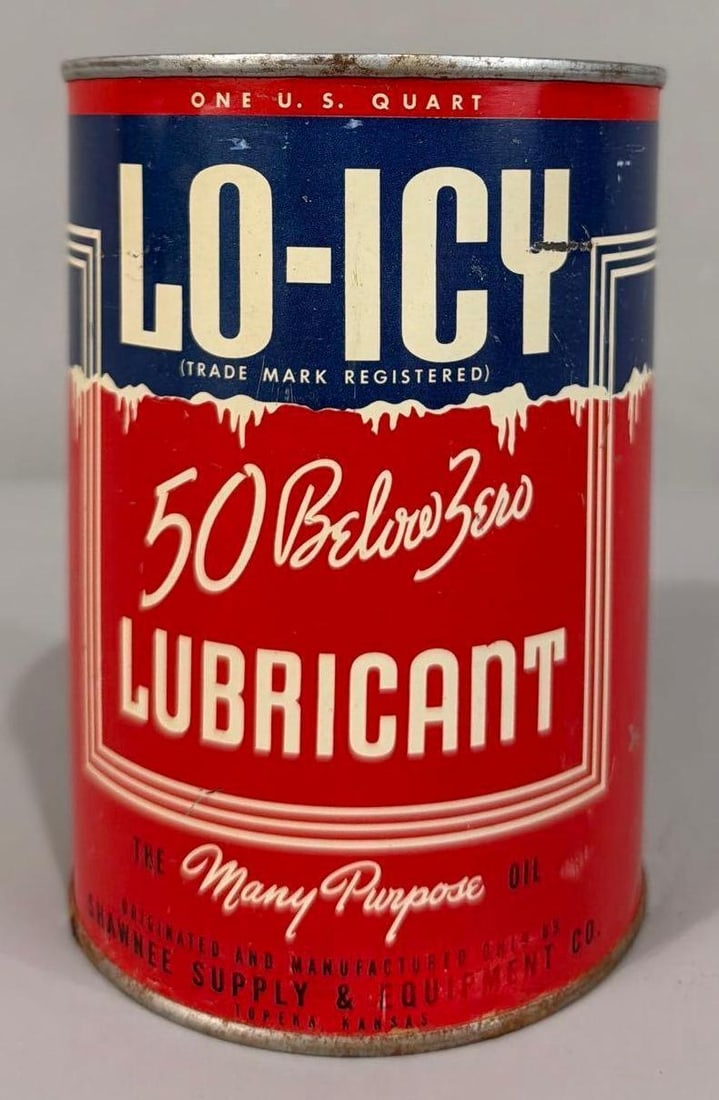 Lo-Icy Motor Oil Quart Metal Can: rated 9, the one quart round metal can, soldered seam, is full, has good color and shine.