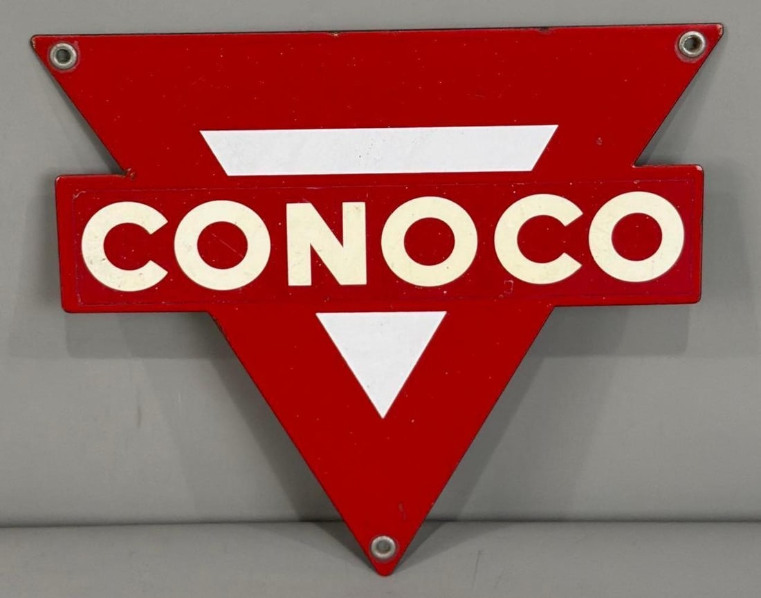 Royal Porcelain Pump Sign w/Conoco Decal (TAC): rated 9.5, 8.5'x10", the SSP diecut sign has excellent color and gloss, has decal. Rarity 2 TAC #063026