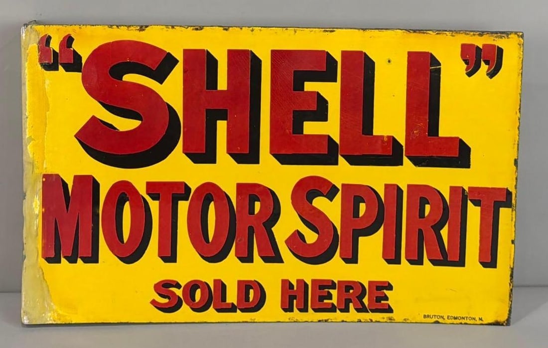 "Shell" Motor Spirit Sold Here Porcelain Flange Sign: rated 8, 13"x21", the porcelain flange sign has good color and gloss, the flange has been repaired