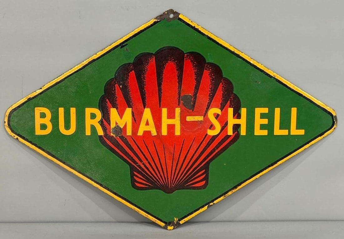 Burmah-Shell Porcelain Sign (TAC): rated 7, 14.75"x22", the SSP die-cut sign has good color, some gloss, has chips and large touched up chips. TAC #062673
