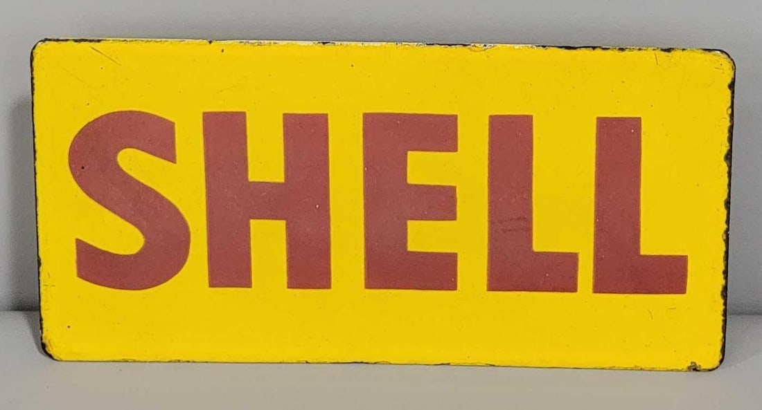 Small Shell Porcelain Sign (TAC): rated 9, 4"x8". This SSP sign has pipe bracket on back. TAC #032337