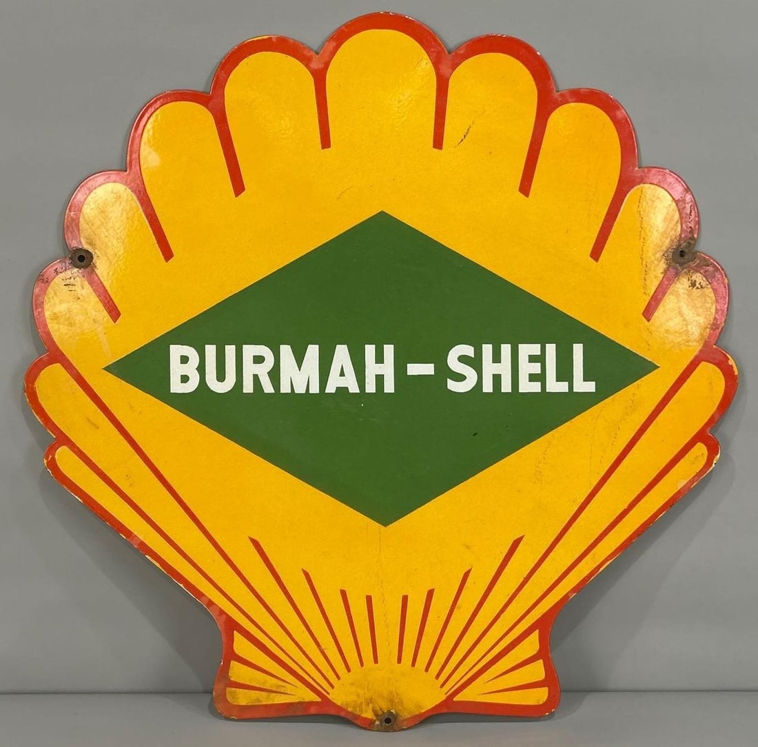 Burmah-Shell Porcelain Sign: rated 8.5, 30"x30", the SSP die-cut sign has good color and gloss, chips at mounting holes, age is unknown on this sign.