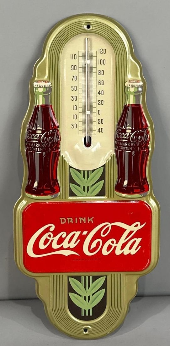 Drink Coca-Cola Embossed Tin Thermometer Sign W/ Dual Bottle Graphics (1 of 9)