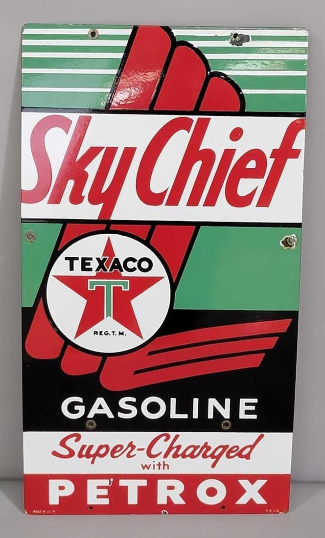 Texaco (white-T) Sky Chief w/Petrox Porcelain Pump Sign (ex-Large)(TAC) (1 of 3)