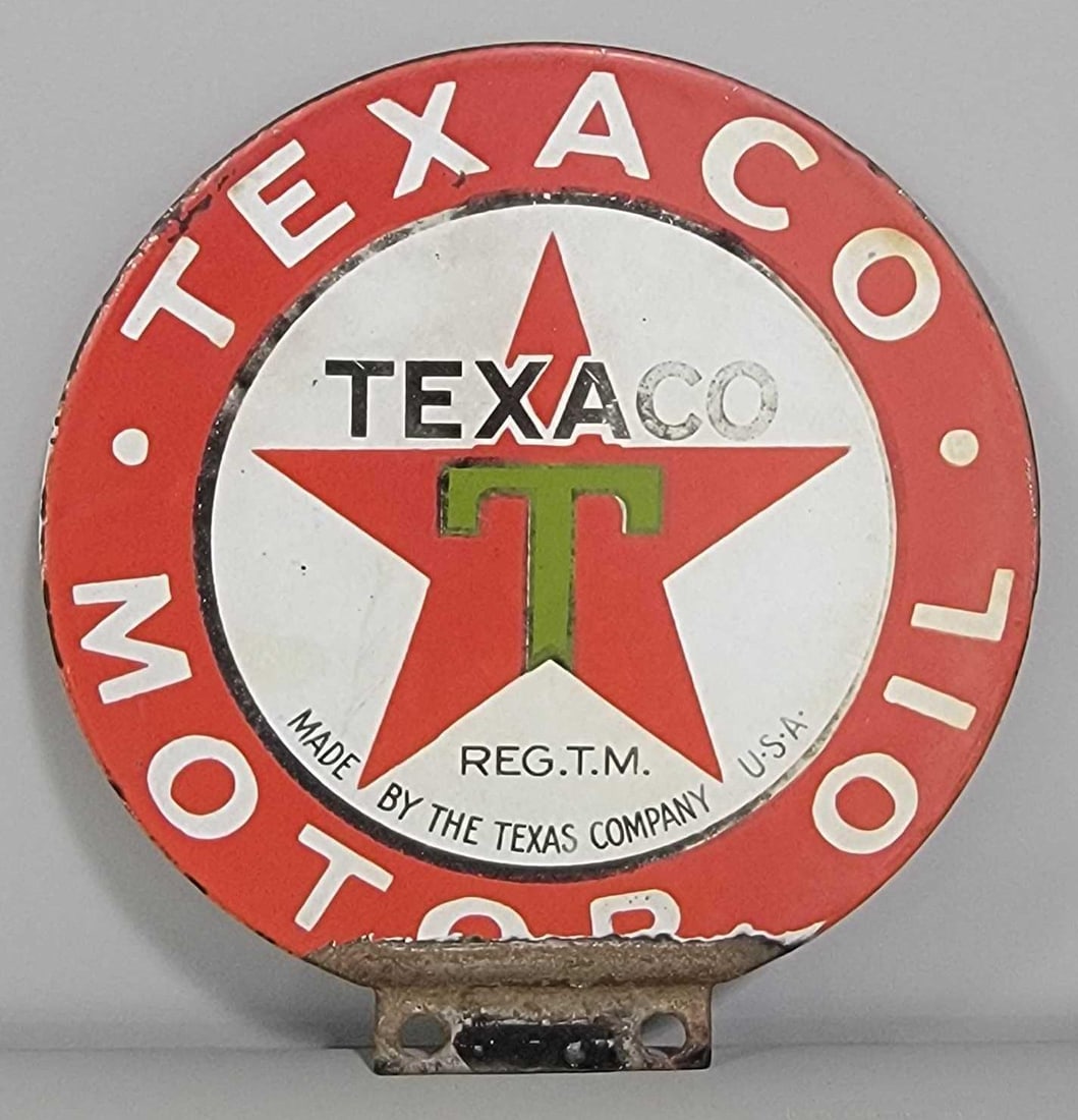 Texaco (black-T) Motor Oil Paddle Sign (TAC): rated 8, 5.5"x5". This DSP paddle sign has wear, crease at paddle. TAC #032339
