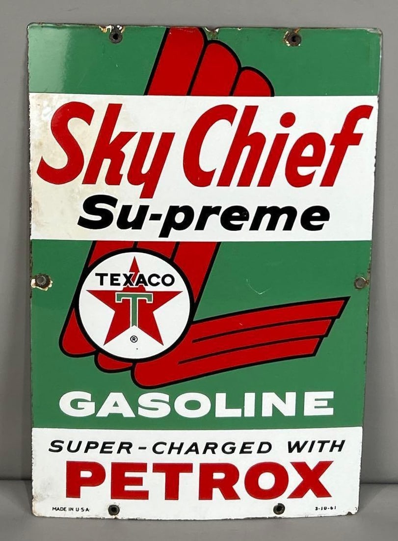 Texaco Sky-Chief Porcelain Pump Plate Sign W/ White "T" Logo (1 of 5)