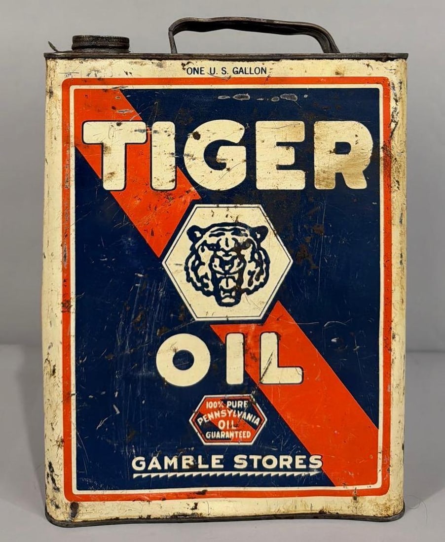 Tiger Oil Gamble Stores Old Gallon Metal Can (1 of 4)