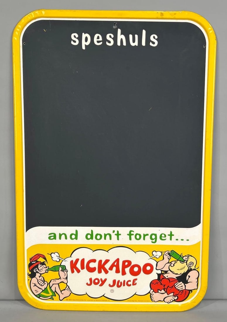 KickAPoo Joy Juice Self-Framed Menu Board: (Rated 9.0). 19.5" x 30". This SST sign has good color throughout, with minor surface stains along the self-framed edge. marked, "Stout Sign Co." Rarity 2. TAC # 062347