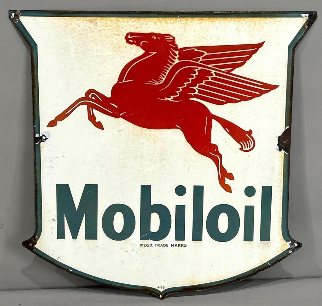 15" Mobiloil w/Pegasus Porcelain Sign (TAC): rated 7.5, 15"x15", the SSP shield-shaped sign is faded and rust stained, marked 453. TAC #062653