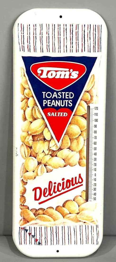 Tom's Toasted Peanuts Salted Metal Thermometer (TAC): rated 9, 16"x6", the embossed metal thermometer in good condition, tube is good. TAC #058673