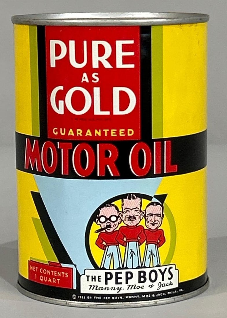 Pep Boys Pure as Gold Motor Oil One Quart Metal Can (TAC): rated 9.5, the one quart round metal can with crimped seam, is full, has excellent color and shine. Rarity 3. TAC #062706