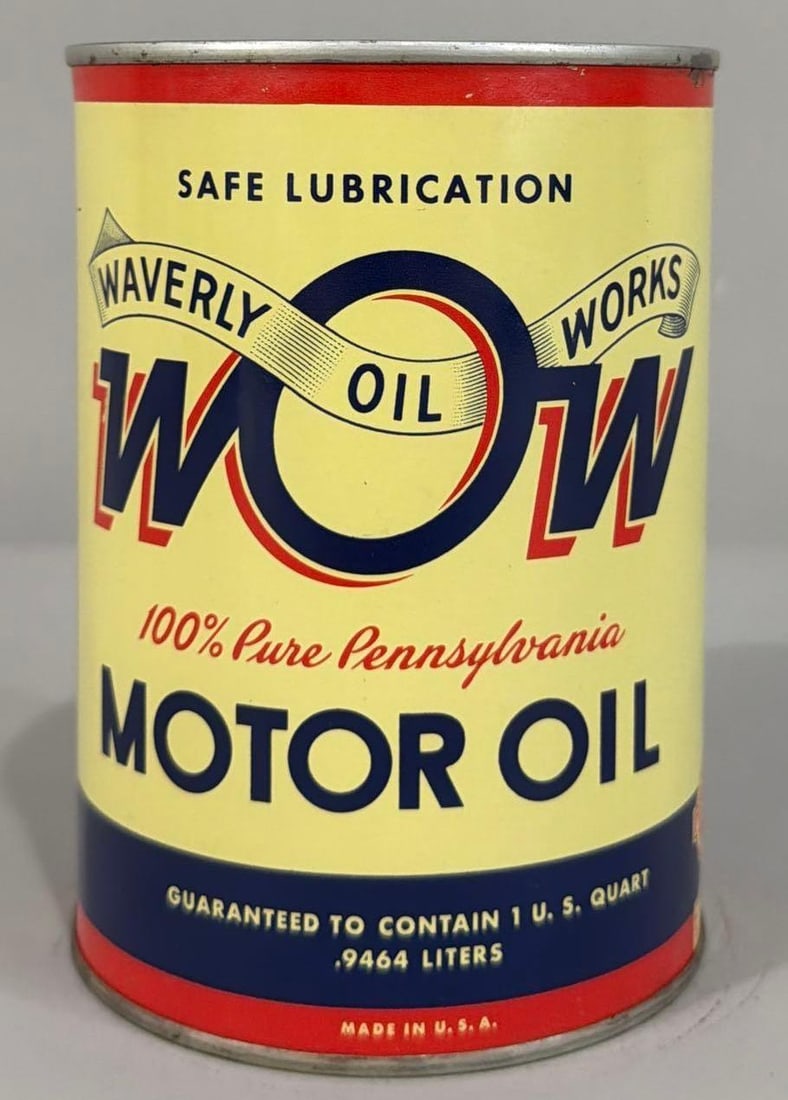 Waverly WOW Motor Oil Quart Round Metal Can (TAC): rated 9.5, the one quart round metal can, crimped seam, is full, has excellent color and shine. TAC #063016