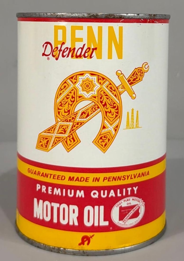 Defender Penn Motor Oil Quart Round Metal Can (TAC): rated 9+, the one quart round metal can, crimped seam, is empty, has excellent color and shine. TAC #063018
