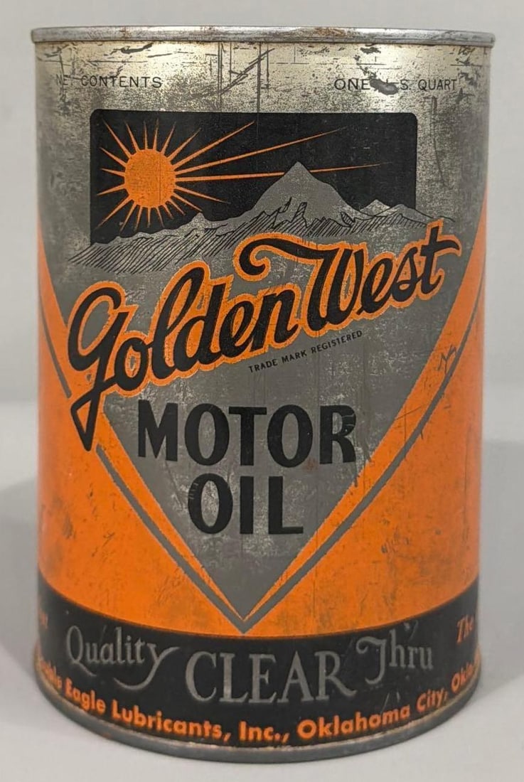 Golden West Motor Oil Quart Round Metal Can (TAC): rated 7, the one quart round metal can, crimped seam, is empty, has wear and soiling. TAC #063021