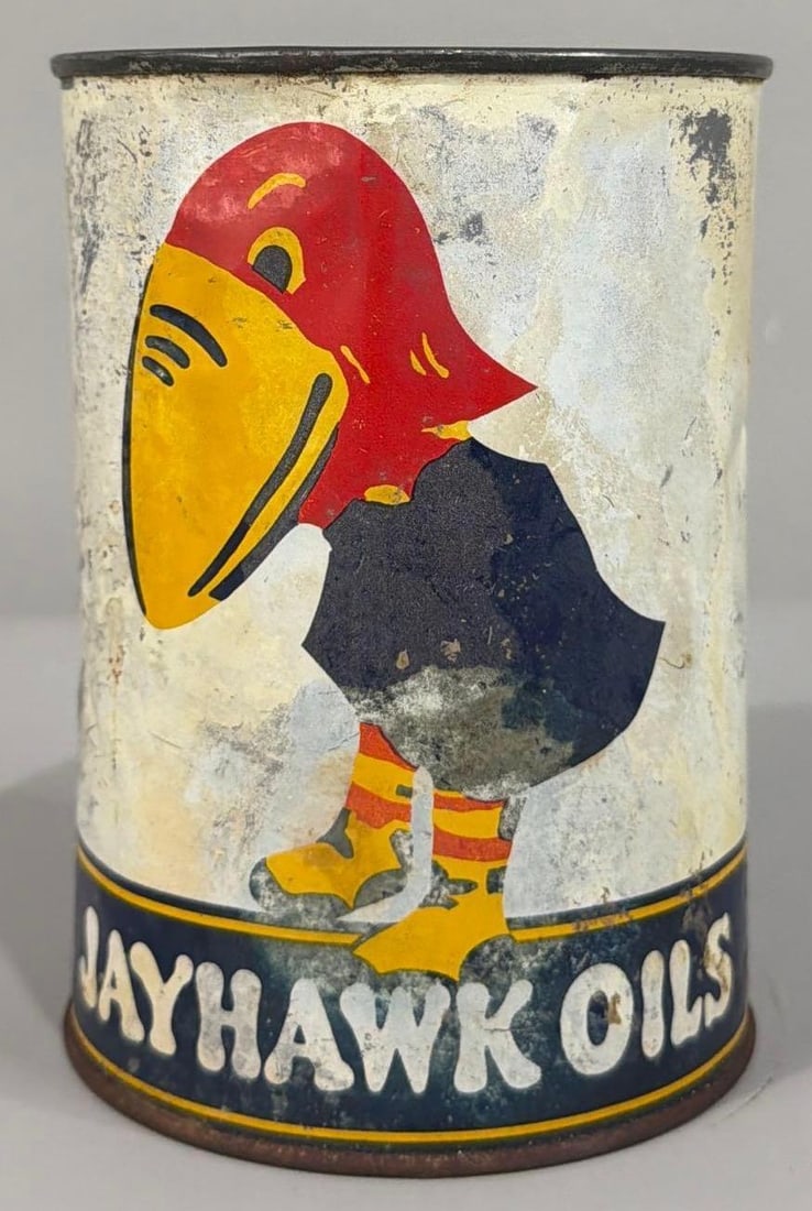 Jayhawk Oil w/Logo Quart Round Metal Can (TAC): rated 5, the one quart round metal can has soldered seam, is empty, has heavy wear and scratches. TAC #063023