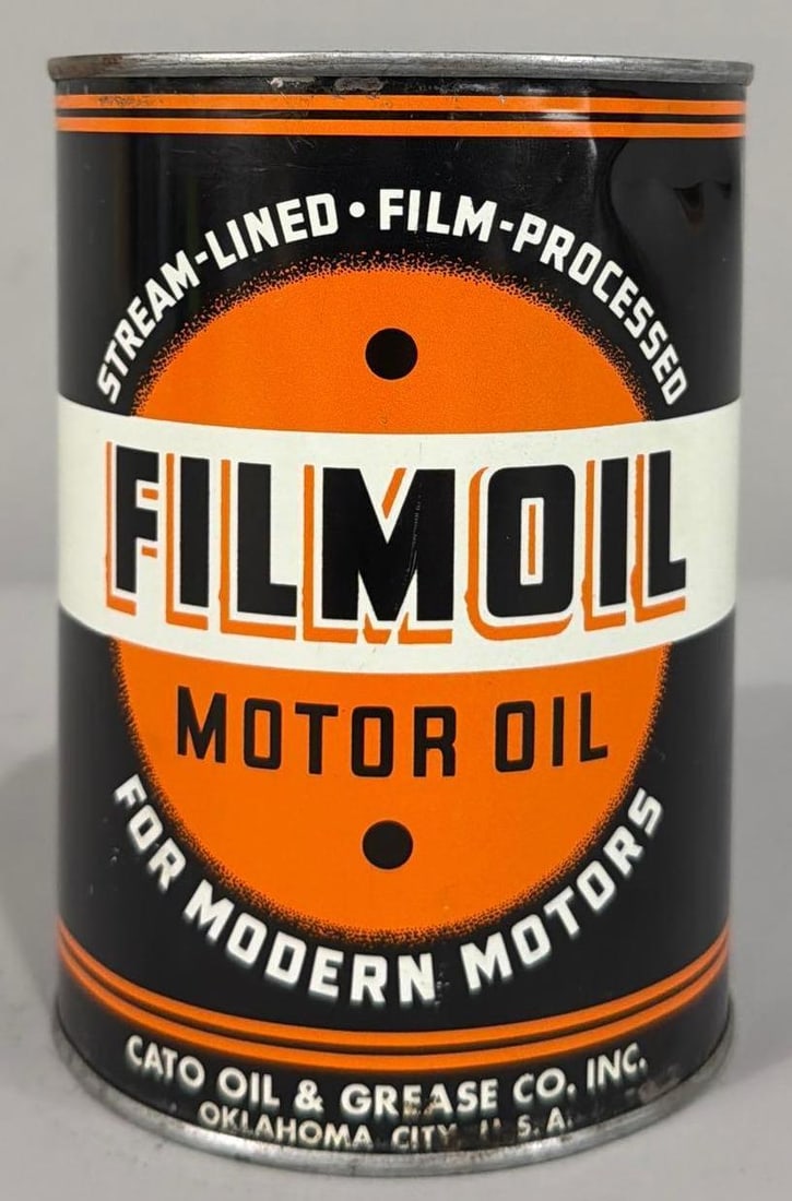 Filmoil Motor Oil Quart Metal Can: rated 9+, the one quart round metal can, crimped can, is full, has good color and shine.