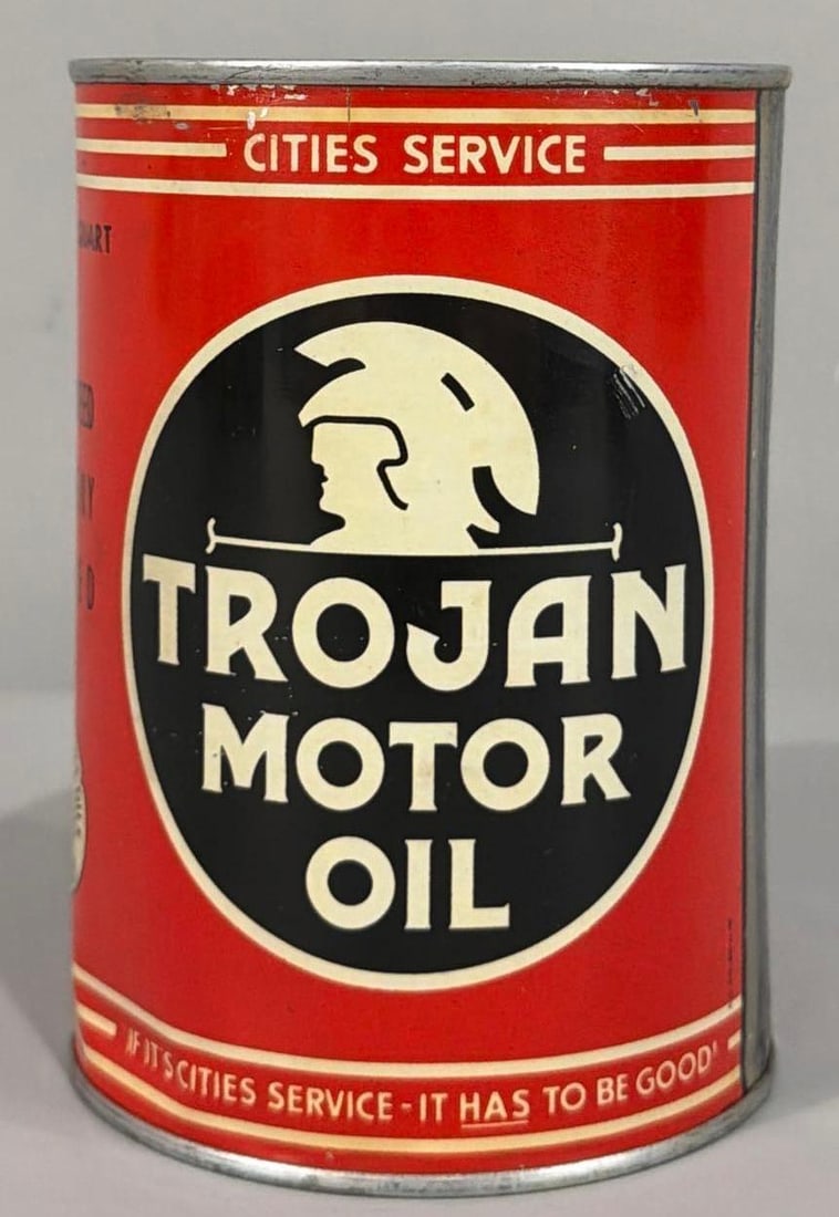 Cities Service Trojan Motor Oil Quart Metal Can: rated 9, the one quart round metal can, soldered seam, is empty, has small dent at bottom edge.
