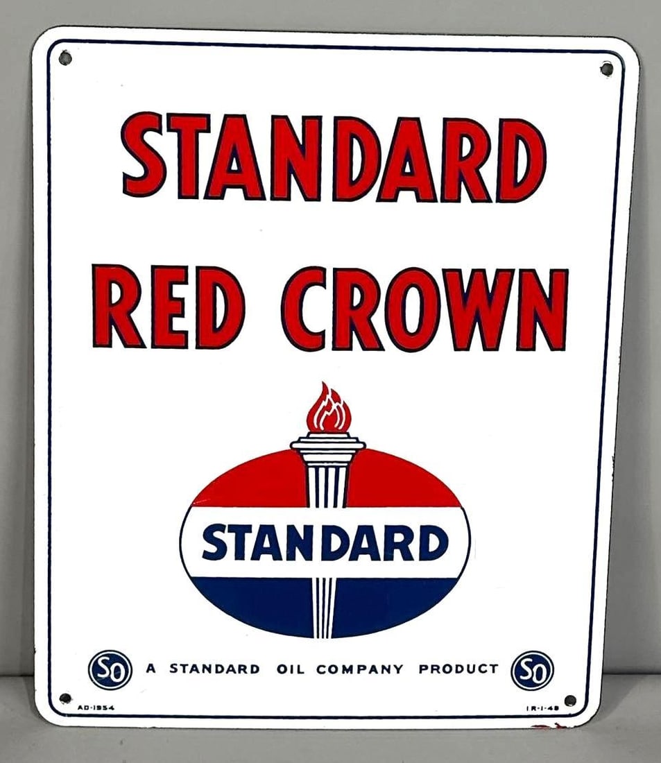 Standard Red Crown Porcelain Pump Plate Sign: (Rated 9.0). 12" x 15". This SSP sign has very minor staining and more notable surface scratching in the field. Marked, "I.R.-48." Rarity 1. TAC # 062204'