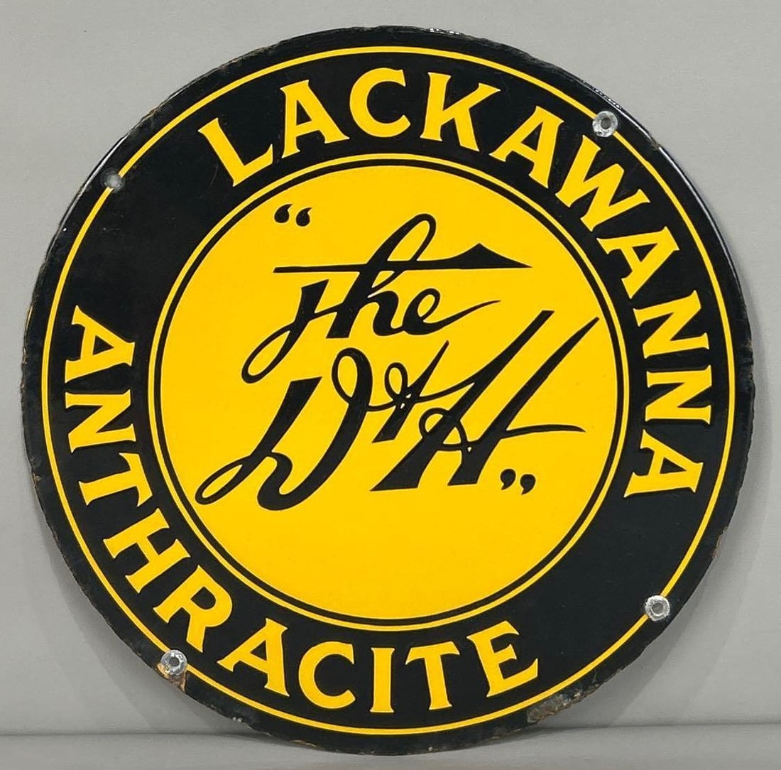 Lackawanna Anthracite Single-Sided Porcelain Sign: (Rated 9.0). 12" dia. This SSP sign has good color and gloss throughout the field. The outer edge shows porcelain loss and staining. Rarity 3. TAC # 062156