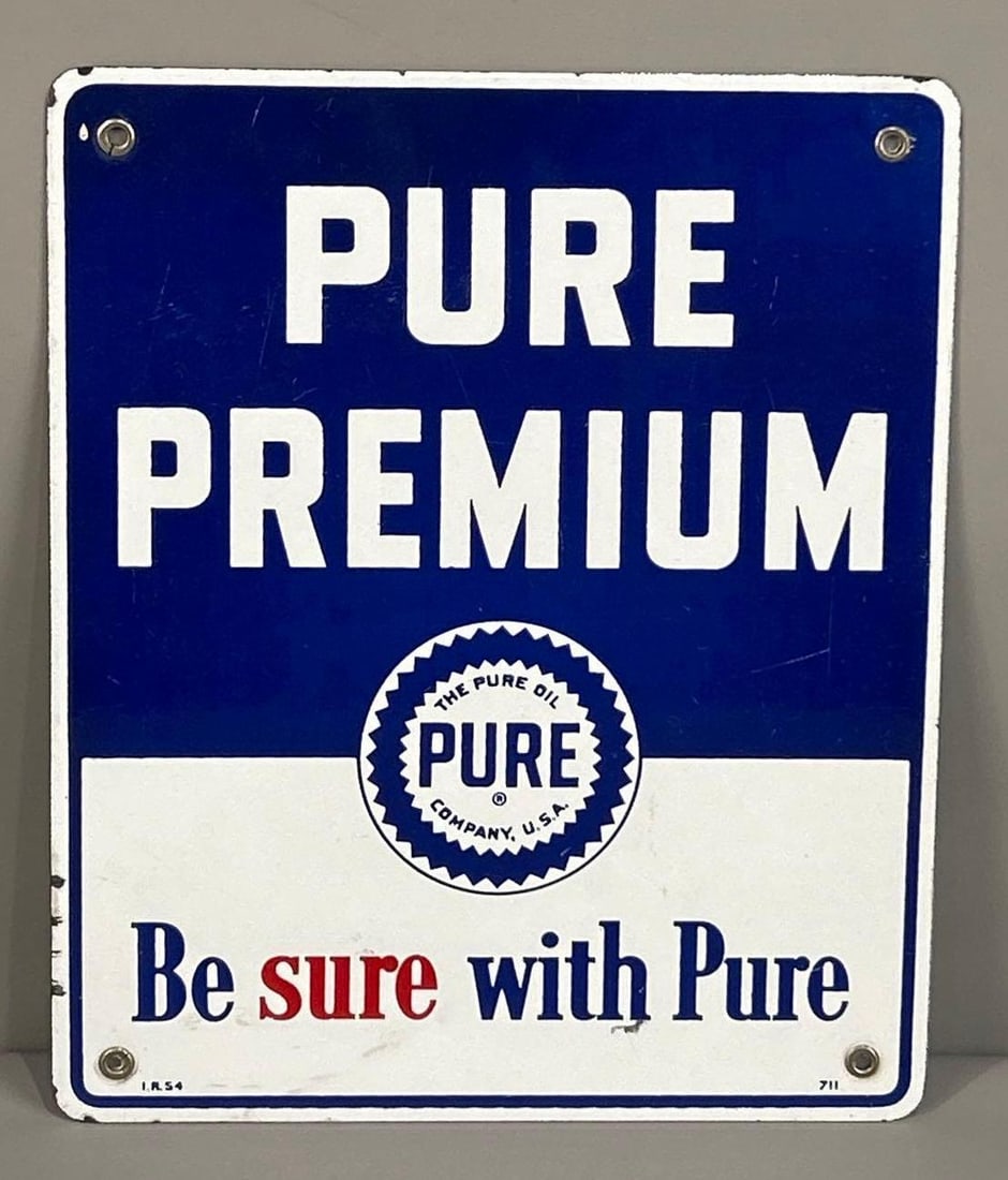 Pure Premium Porcelain Pim Plate W/ Saw Tooth Logo: (Rated 8.9). 10" x12". This SSP sign has good color and gloss with surface scratches throughout both fields. Sign has porcelain loss on the outer edge. Rarity 2. TAC # 062172.