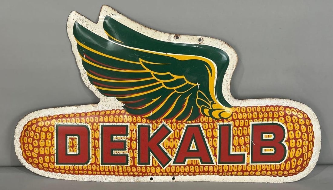 Dekalb Single-Sided Convex SIgn: (Rated 7.9). 16" x 28". This SST sign has significant rust stains throughout the entirety of the face and edges. Rarity 2. TAC # 062218.
