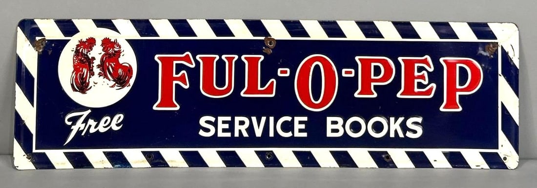 Ful-O-Pep Self-Framed Embossed Tin Sign W/ Fighting Rooster Graphic: (Rated 7.9). 8" x 27.5". This SST sign has good color and gloss throughout. Sign shows added holes and paint loss on the outer field and outer edge. Rarity 3. TAC # 062332