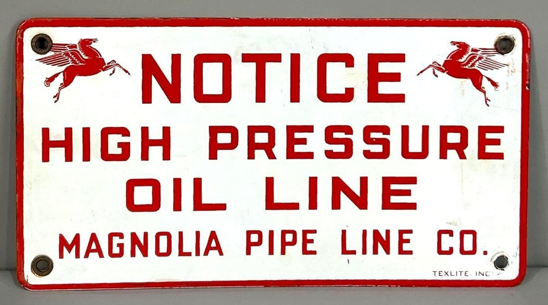 Magnolia High Pressure Oil Line Notice Single-Sided Porcelain Sign: (Rated 9.0). 8" x 15". This SSP sign has good color and fair shine throughout. Sign shows light staining and gloss fade. Hanging holes exhibit light wear. Marked, "Texlite. Inc". Rarity 2. TAC #