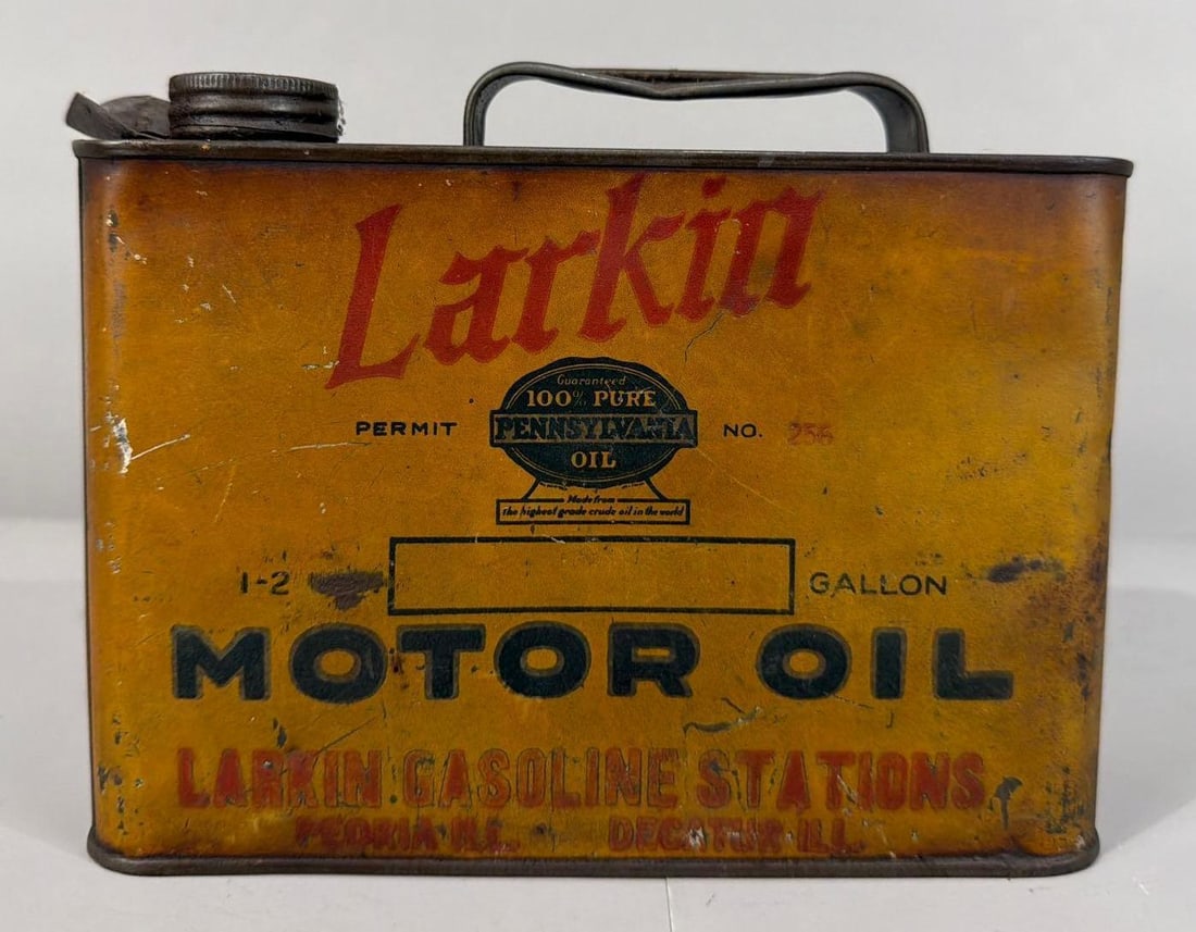 Larkin Motor Oil Half Gallon Metal Can: rated 6.5, the half gallon flat metal can, is empty, is soiled.